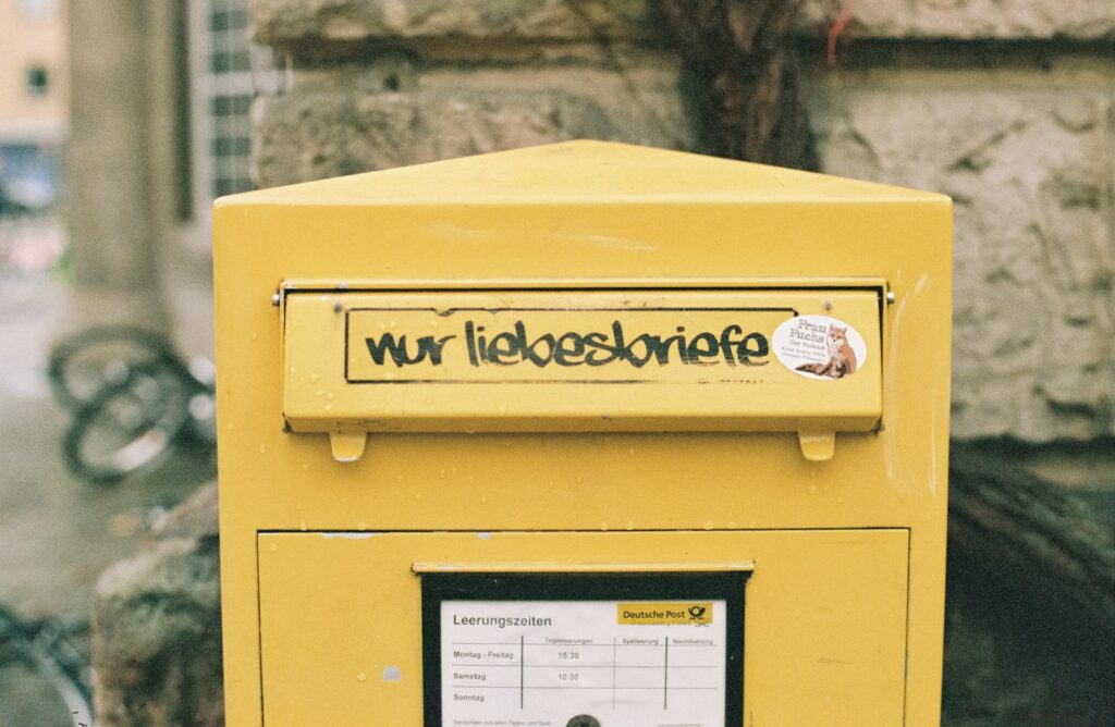 a yellow box with writing on the side of it